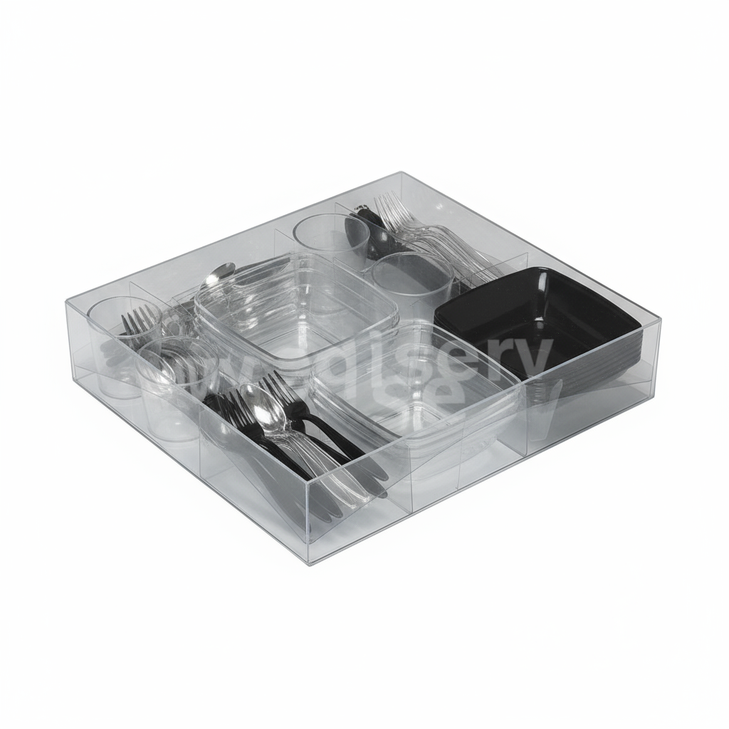 Kit complet de mini assiettes, verrines et couverts apéritif réutilisables – présentation élégante pour buffet et cocktail