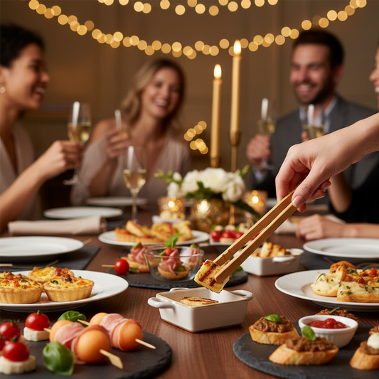 Plusieurs pinces en bambou disposées sur un élégant buffet de réception avec des mises en bouche variées.