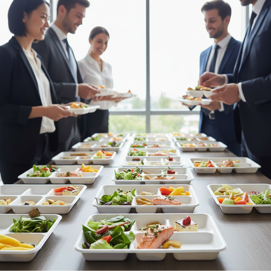 Plateaux repas biodégradables 5 compartiments garnis de mets colorés pour un séminaire d'entreprise.