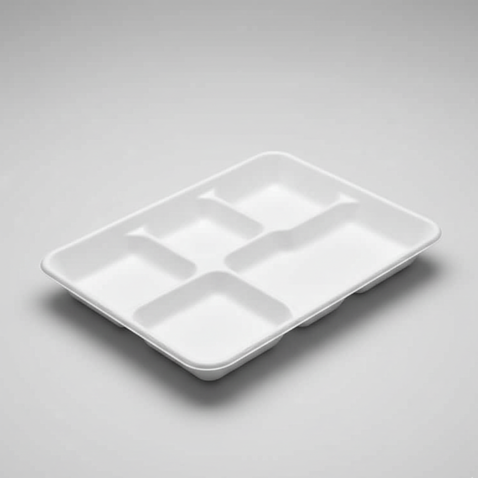 Plateau repas biodégradable blanc à 5 compartiments en fibre de canne, vide, vu de trois-quarts.