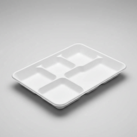 Plateau repas biodégradable blanc à 5 compartiments en fibre de canne, vide, vu de trois-quarts.