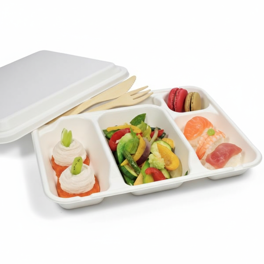 Plateau repas 5 compartiments biodégradable jetable, vide et propre, sur fond blanc studio, pour e-commerce.