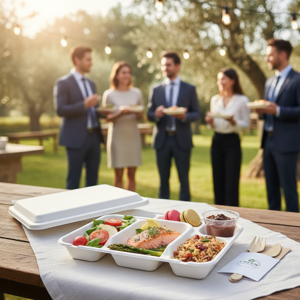 Plateau repas 5 compartiments biodégradable garni de mets raffinés, sur une table élégante lors d'un événement d'entreprise en plein air.