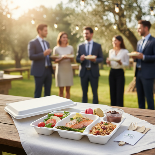 Plateau repas 5 compartiments biodégradable garni de mets raffinés, sur une table élégante lors d'un événement d'entreprise en plein air.
