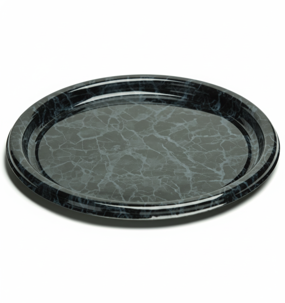 Plateau Service Rond Noir Marbré de 40 cm, vide, design élégant, packshot studio sur fond blanc, texture marbre.