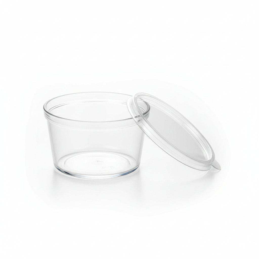 Pot à Coulis PET Cristal 250ml transparent avec couvercle, packshot studio sur fond blanc, prêt à l'emploi.