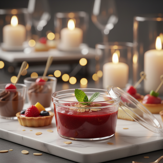 Pot à Coulis PET Cristal 250ml rempli d'un coulis de fruits rouges élégant, posé sur un plateau de service de traiteur chic lors d'une réception.