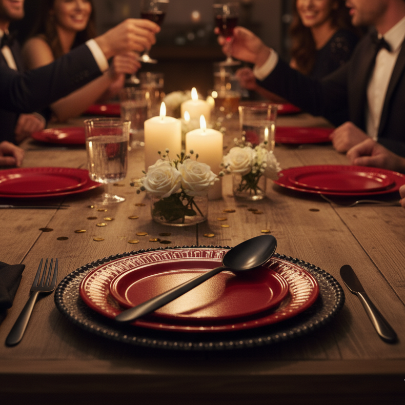 Cuillère Starck noire design sur table de dîner élégante avec convives.