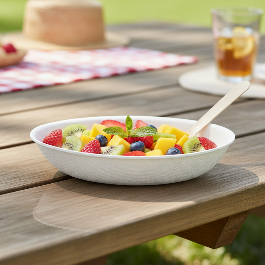 Verrine biodégradable ovale remplie d'une salade de fruits colorée (fraises, mangues, kiwis, myrtilles), posée sur une table de pique-nique en bois, avec une cuillère en bois à l'intérieur.