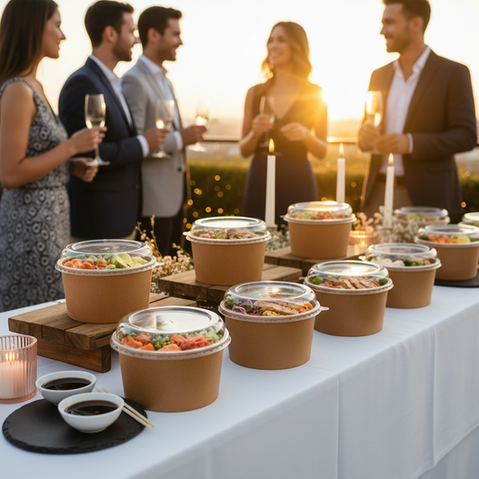 Présentation élégante de saladiers en carton kraft 750 ml avec couvercles, remplis de poké bowls colorés sur un buffet traiteur chic.