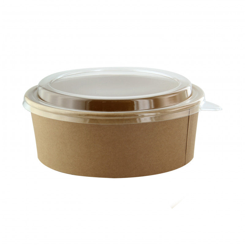 Saladier Kraft 500ml rPET rond avec couvercle transparent, packshot studio sur fond blanc, éclairage e-commerce.