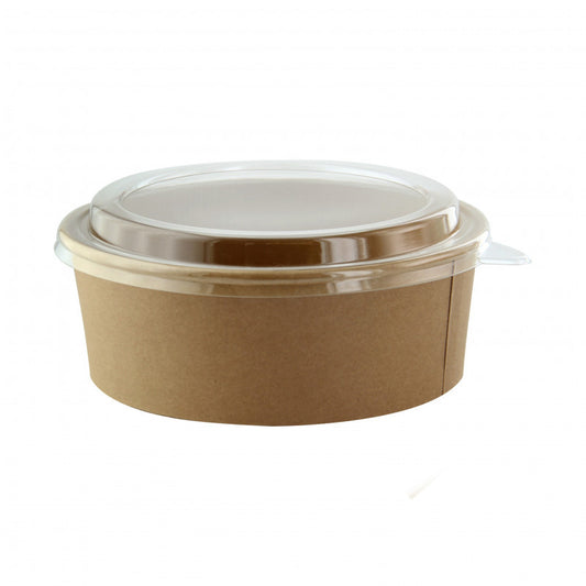 Saladier Kraft 500ml rPET rond avec couvercle transparent, packshot studio sur fond blanc, éclairage e-commerce.