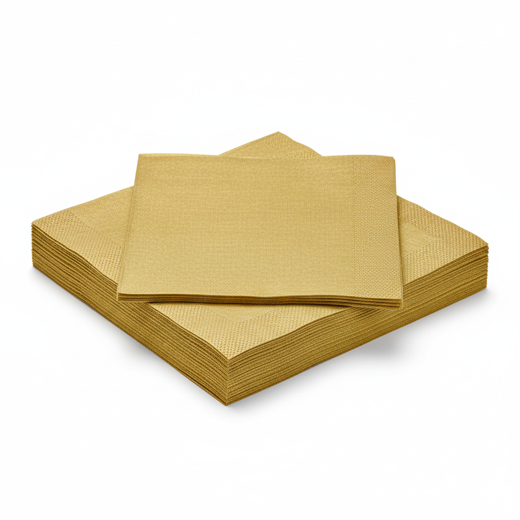 Lot de serviettes en papier intissé OR 40x40 cm, pliées, sur fond blanc, mettant en valeur leur couleur et leur texture.
