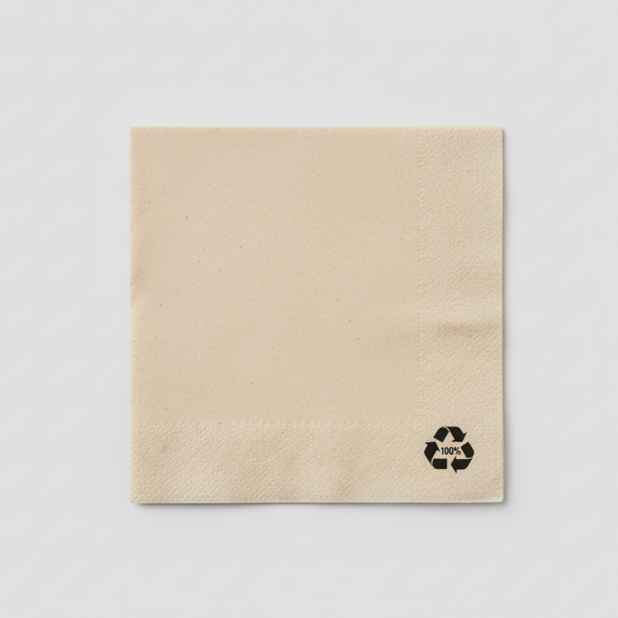 Serviette en papier recyclé couleur kraft clair posée à plat.