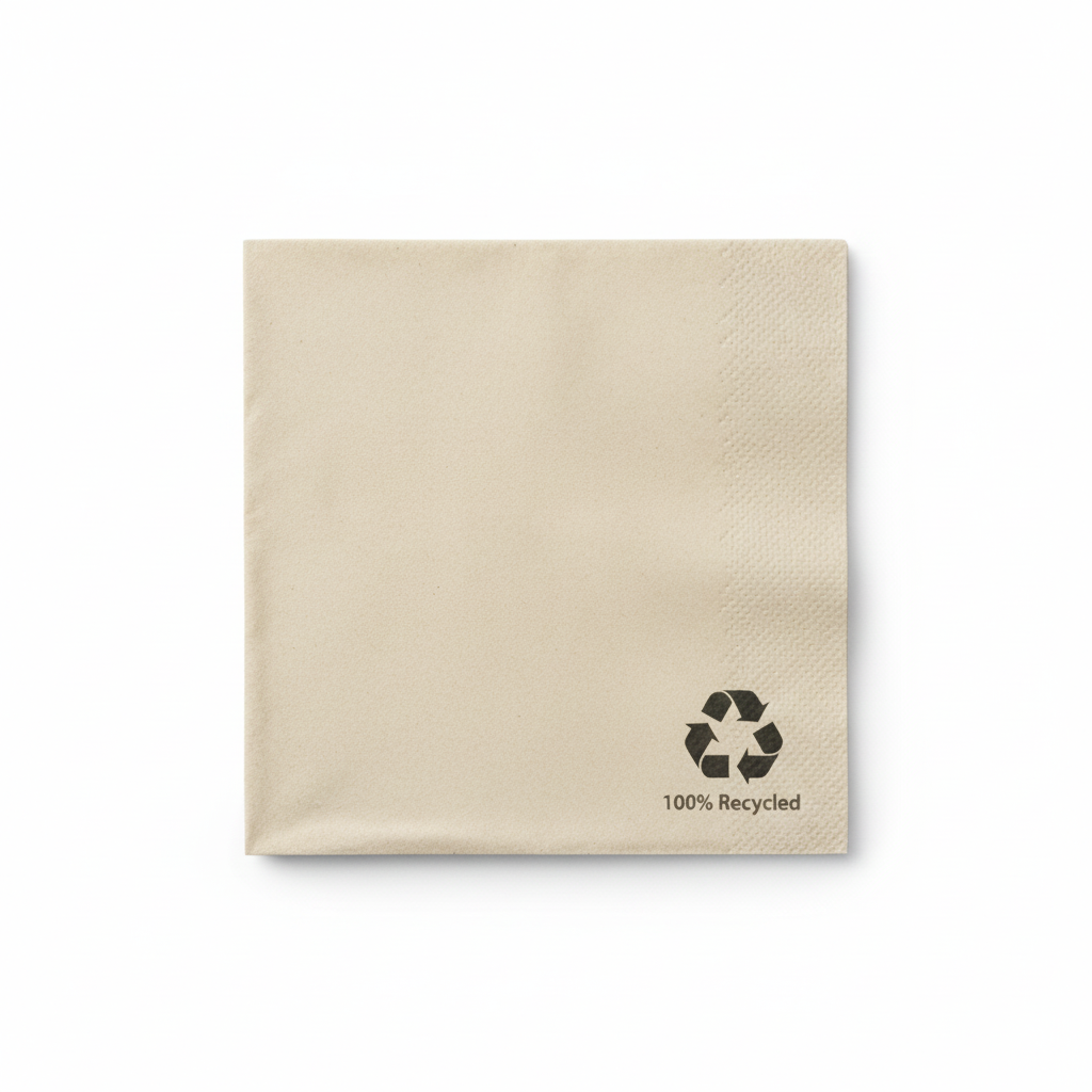 Une serviette 100% recyclée, couleur kraft clair, pliée en carré. La texture "Double Point" est visible, et le logo de recyclage est clairement affiché en bas à droite sur un fond blanc pour un rendu studio.