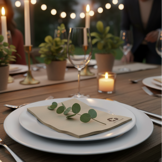 Gros plan sur une serviette kraft clair posée sur une assiette en céramique blanche lors d'un dîner en extérieur. La table est décorée de branches d'eucalyptus et d'une bougie, mettant en valeur le côté naturel, chic et écologique de la serviette.