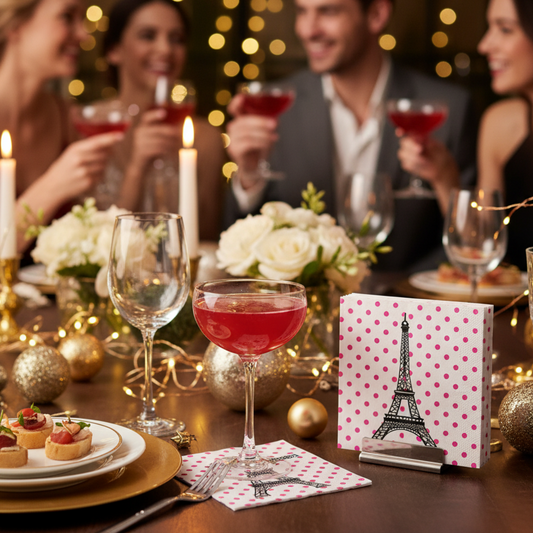 Scène de cocktail dînatoire chic et festif. Les serviettes Françoise Paviot "Tour Eiffel Paris" sont disposées élégamment sur une table dressée avec des verres à pied contenant des cocktails colorés, des petits fours raffinés.