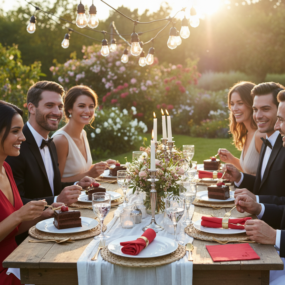 Serviettes biodégradables rouges pliées élégamment sur une table dressée pour une réception chic en extérieur au coucher du soleil.