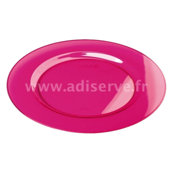 Sous-assiette de présentation framboise ronde de 30 cm, en plastique réutilisable, sur fond blanc épuré.