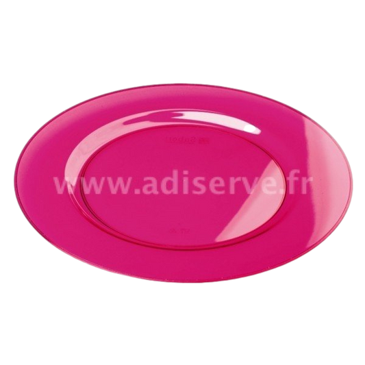 Sous-assiette de présentation framboise ronde de 30 cm, en plastique réutilisable, sur fond blanc épuré.