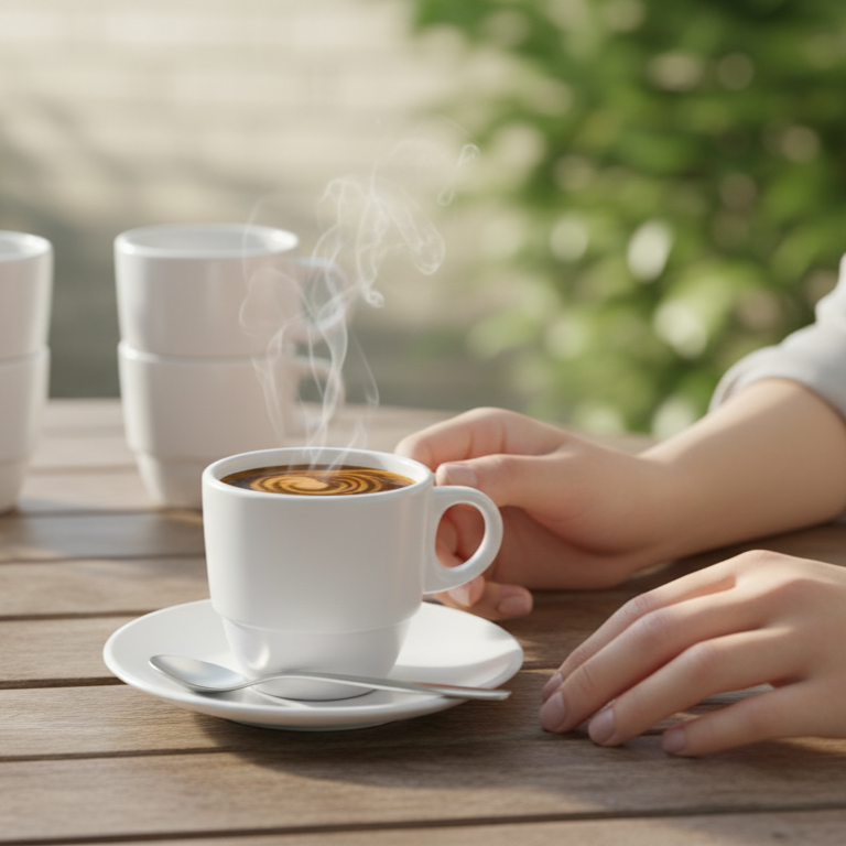 Mise en situation d'une tasse à café fumante sur une table en bois, avec des mains tenant la tasse, un croissant et d'autres tasses en arrière-plan, dans un cadre extérieur verdoyant et ensoleillé