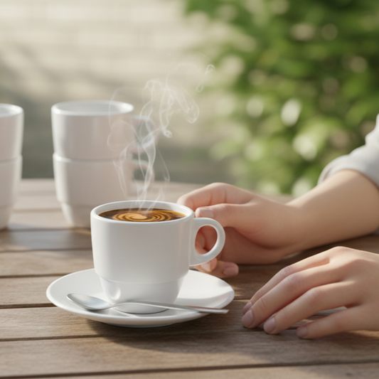 Mise en situation d'une tasse à café fumante sur une table en bois, avec des mains tenant la tasse, un croissant et d'autres tasses en arrière-plan, dans un cadre extérieur verdoyant et ensoleillé