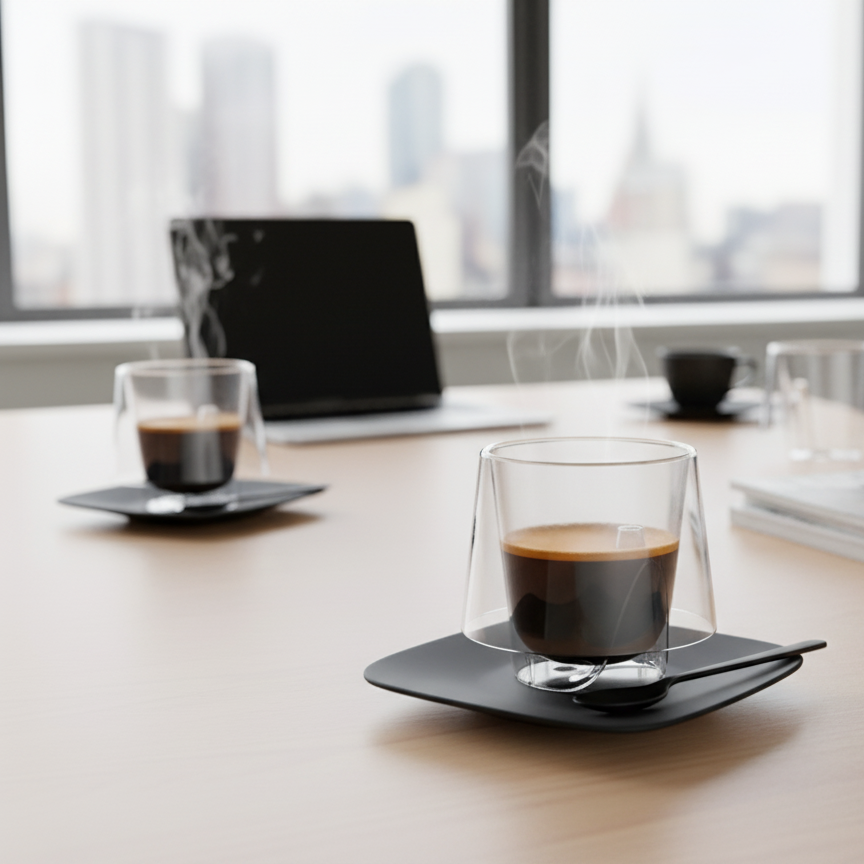 Tasse à café Lux by Starck avec soucoupe et café, en situation dans un environnement design et moderne.