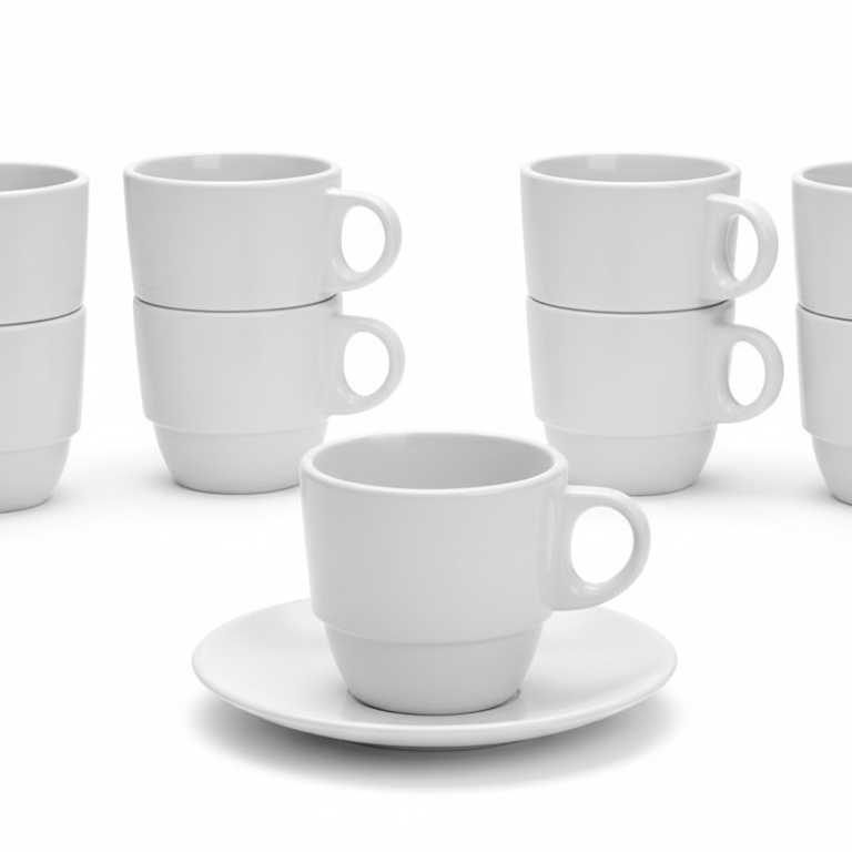 Lot de tasses à café blanches empilables en SAN avec une tasse individuelle et sa sous-tasse, sur fond blanc de studio