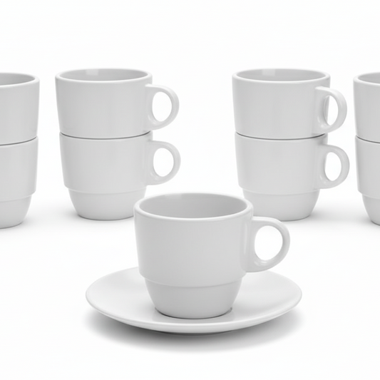 Lot de tasses à café blanches empilables en SAN avec une tasse individuelle et sa sous-tasse, sur fond blanc de studio
