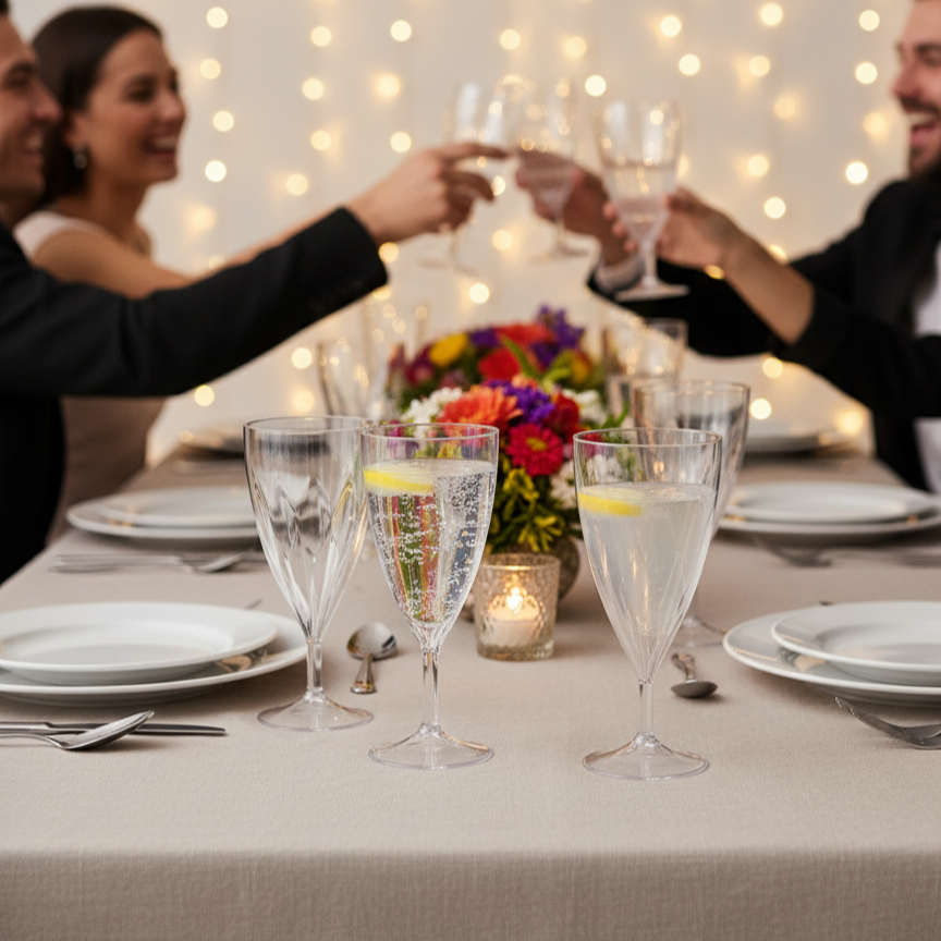 Table de fête élégante avec verres à pied torsadés 20cl, décor de mariage/anniversaire, produits français.