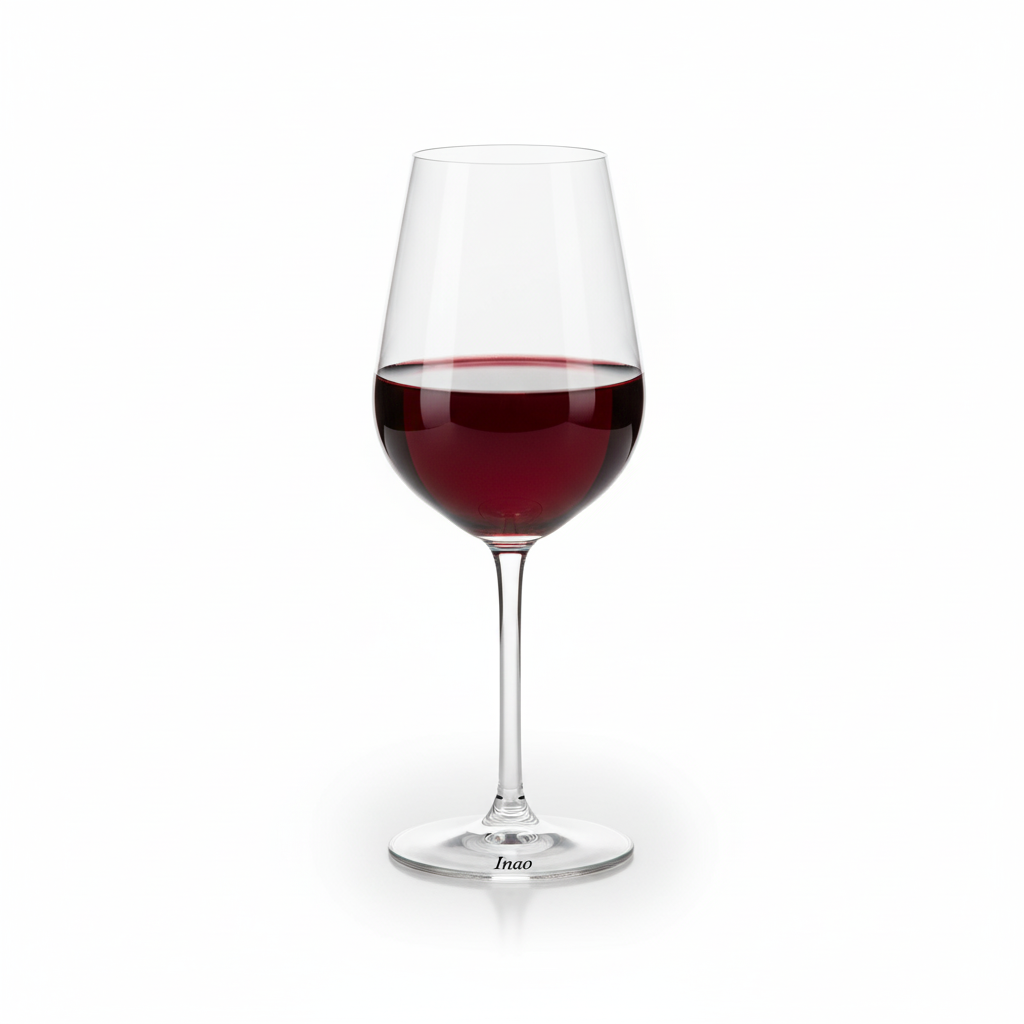 Un verre Inao en Tritan, rempli au niveau de la norme (environ 5 cl) d'un vin rouge profond. Le verre est parfaitement transparent et mis en valeur sur un fond blanc pour souligner sa forme et la qualité de la matière.