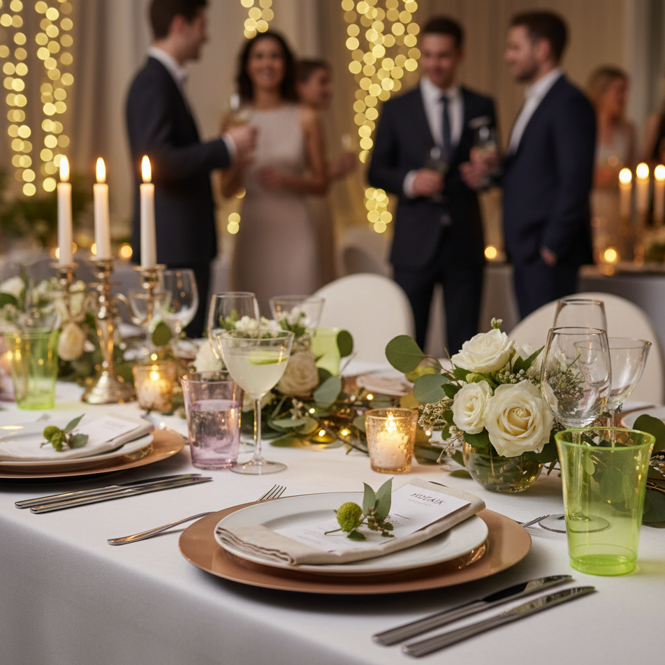 Table de réception chic avec verres en plastique réutilisables vert anis, ambiance festive élégante.