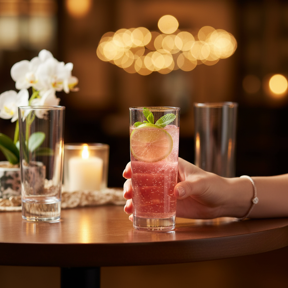 Verre tube 30cl en situation, cocktail coloré dans un cadre de soirée festive et chic