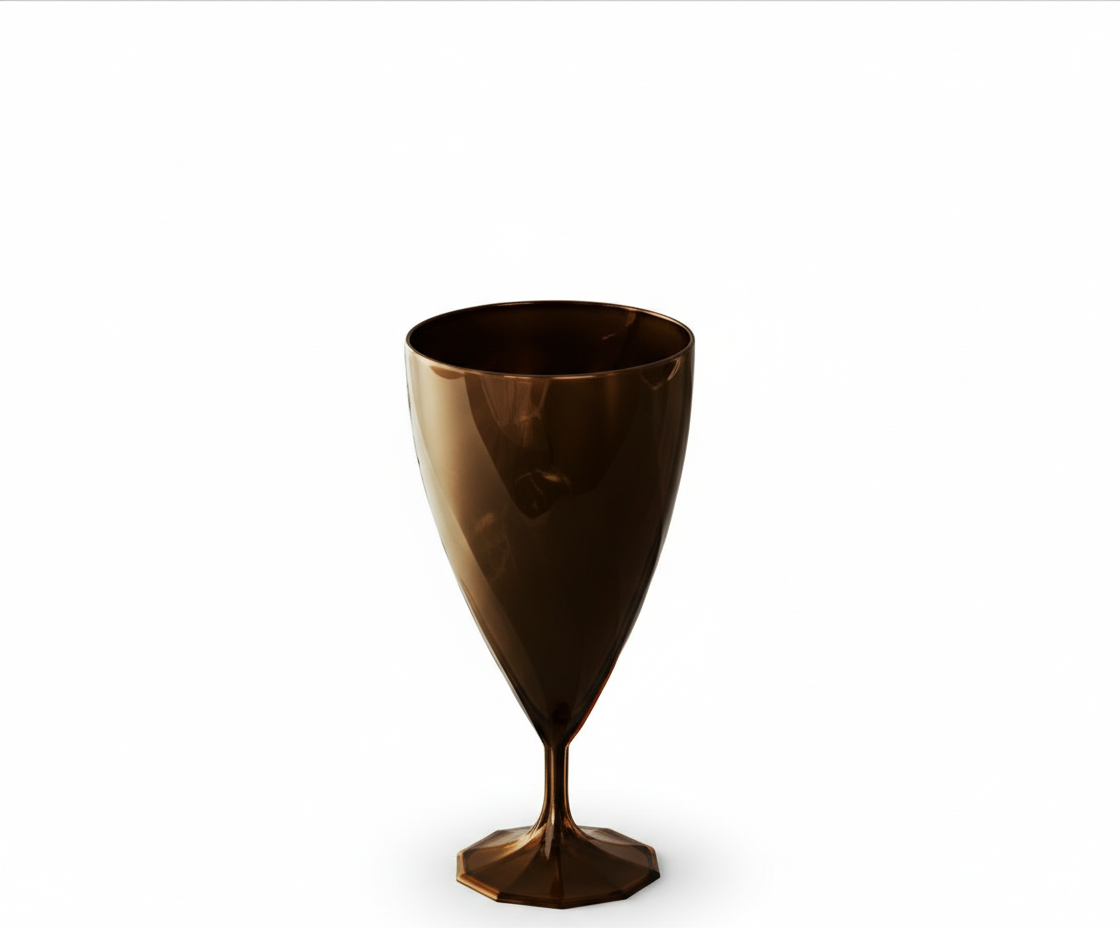 Verre à vin effet torsadé en plastique couleur chocolat, vide, sur fond blanc pur avec éclairage studio.
