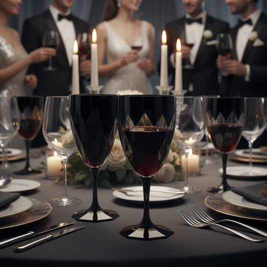 Scène d'une réception de mariage ou d'une fête de fin d'année très chic (atmosphère de gala). Les verres à vin noir ébène torsadés sont disposés en nombre sur une table élégamment dressée (nappe sombre ou blanche, couverts argentés). Certains verres sont remplis de vin rouge ou d'un cocktail foncé.