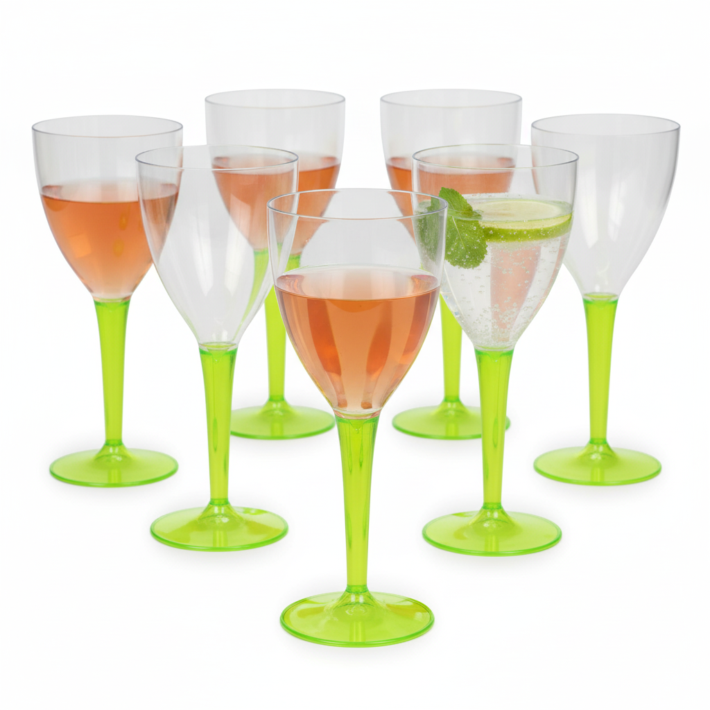 Lot de 6 verres à pied vert anis 13 cl en plastique, transparents avec pied vert, certains remplis de boissons, sur fond blanc épuré.