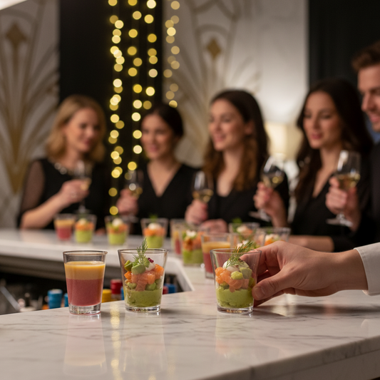 Plusieurs verres à shot et verrines de 5 cl disposés sur un bar lors d'une soirée festive et élégante.