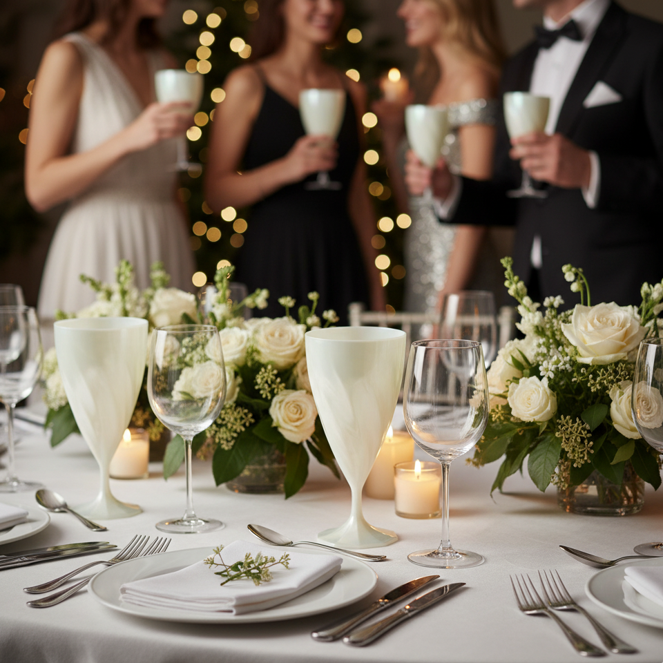 Verres à vin blanc nacré torsadés sur une table de réception élégante, ambiance mariage ou fête haut de gamme.