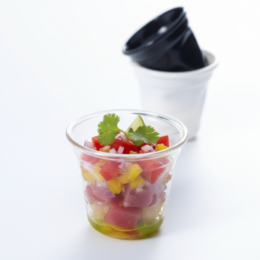 Verrine transparente "La Cabosse" de 6 cl en plastique recyclable avec un effet martelé, remplie d'un ceviche coloré (thon rouge, mangue, oignon rouge, coriandre, citron vert). Deux verrines noires et deux verrines blanches empilées sont visibles en arrière-plan flou sur un fond blanc, illustrant la polyvalence du produit.