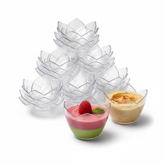 Lot de 40 verrines Fleur de Lotus Cristal transparentes, 6 cl, empilées avec quelques verrines remplies de mousses colorées sur fond blanc