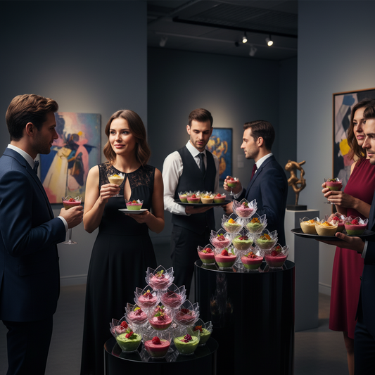 Invités élégants dégustant des mises en bouche dans des verrines Fleur de Lotus Cristal lors d'une réception chic dans une galerie d'art moderne
